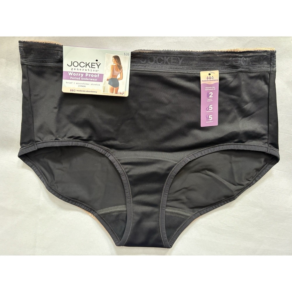 NEW Jockey Worry Proof Period Underwear Brief Panty 1 Black 1 Tan Size Large